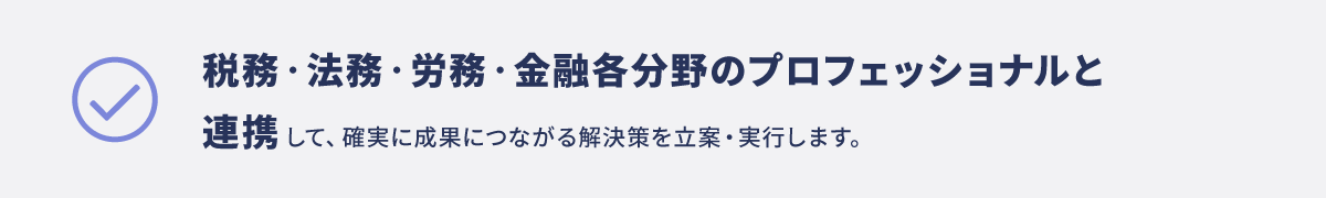 税務・法務・労務・金融各分野のプロフェッショナルと連携して、確実に成果につながる解決策を立案・実行します。